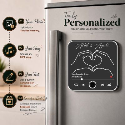 Spotify Style Musical Fridge Magnet with Custom Names & Favorite Song Rechargeable Music Player Gift for Loveable Person & Long Distance Relationship
